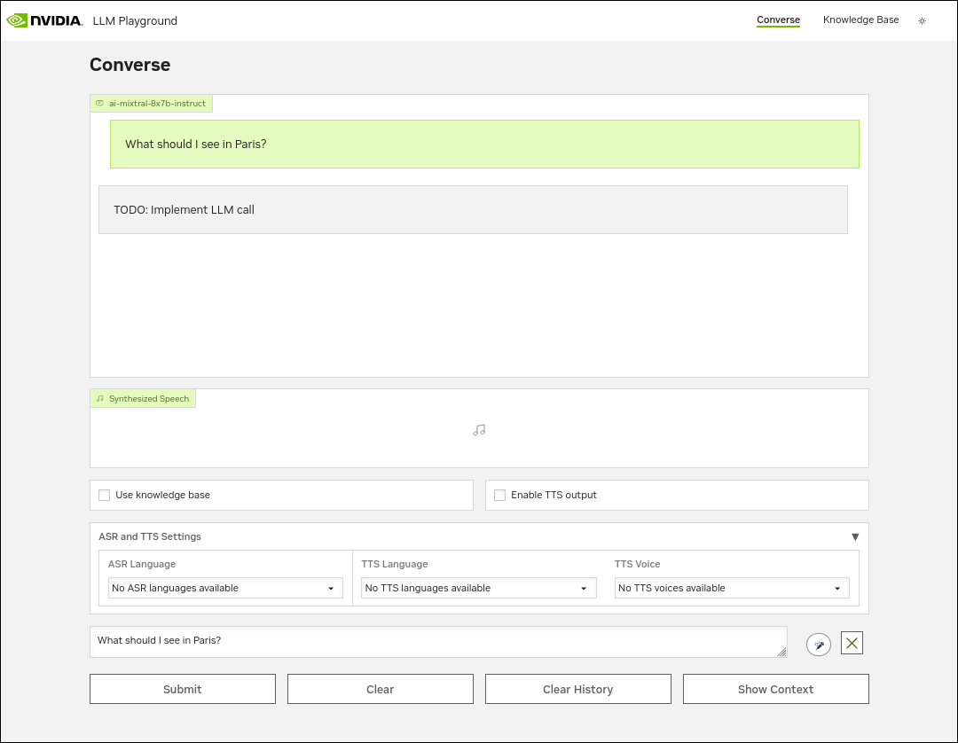 RAG Playground web interface showing the message: "TODO: Implement LLM call."