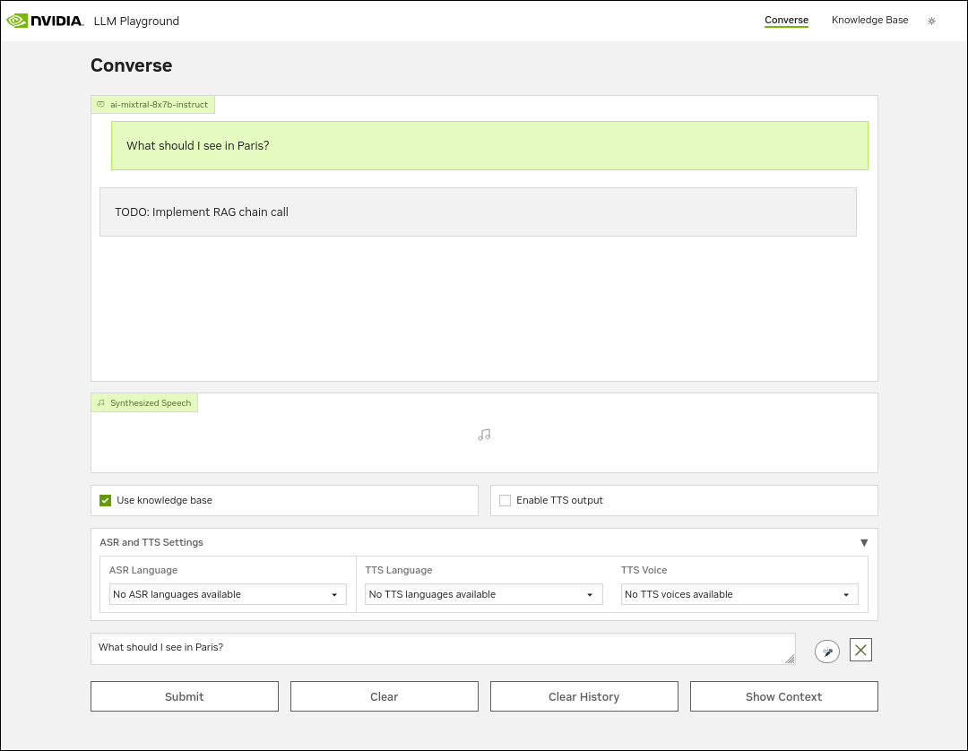 RAG Playground web interface showing the message: "TODO: Implement RAG chain call."