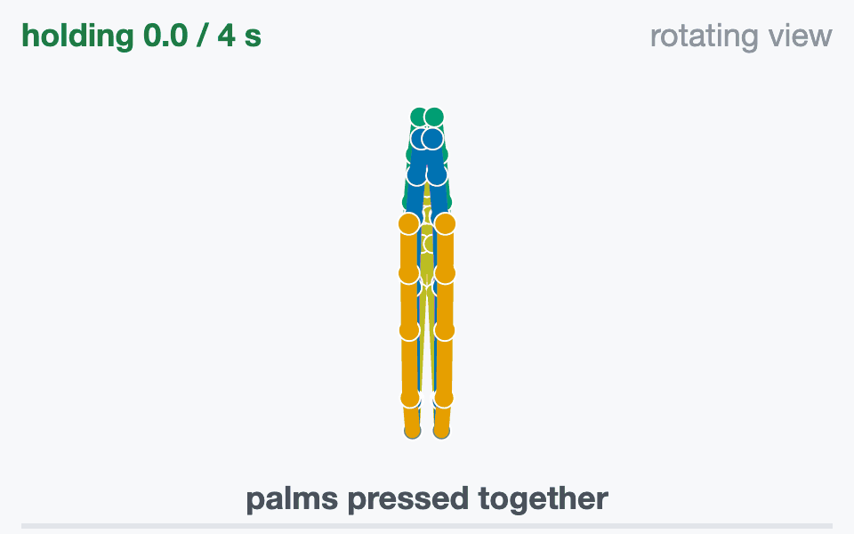Palms pressed flat together, fingers up, seen first from your side and then from either side.