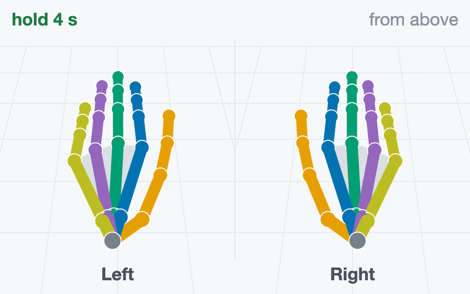 Both hands lie flat on the table, palms down, fingers together.
