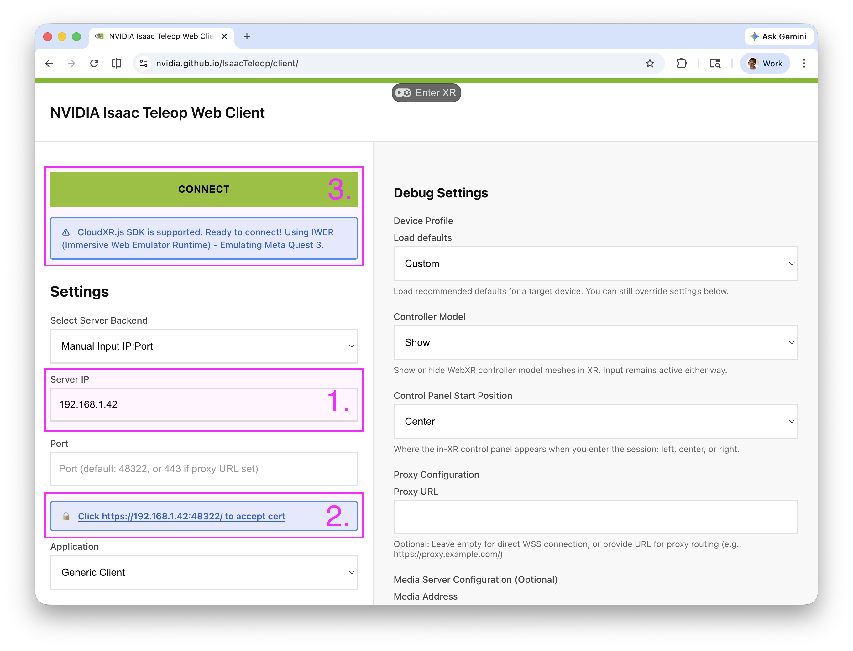CloudXR web client usage instruction