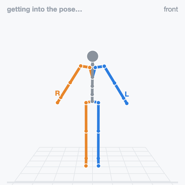 A figure standing still with straight arms angled down and out, in an A shape.