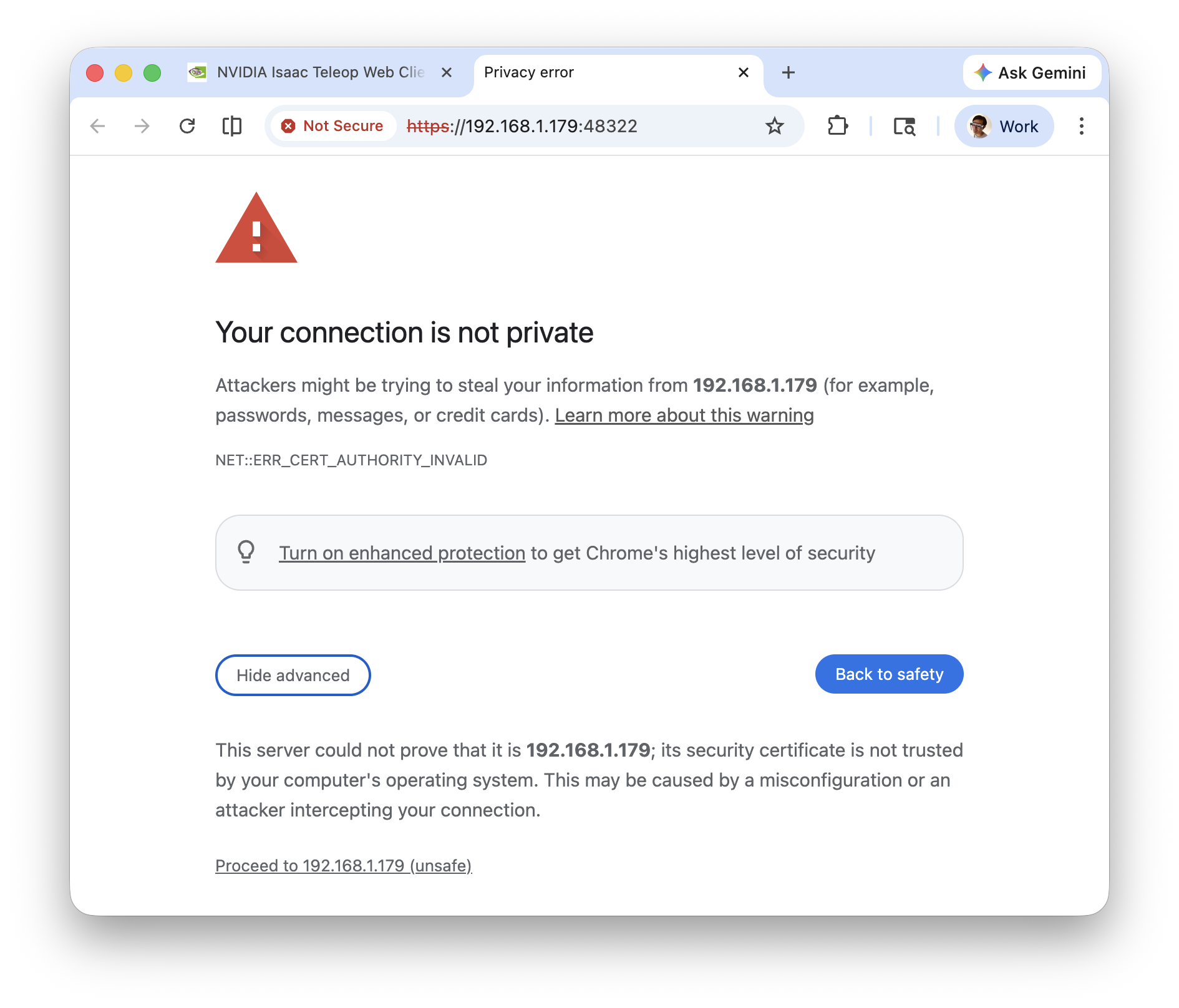 Browser privacy warning for self-signed certificate
