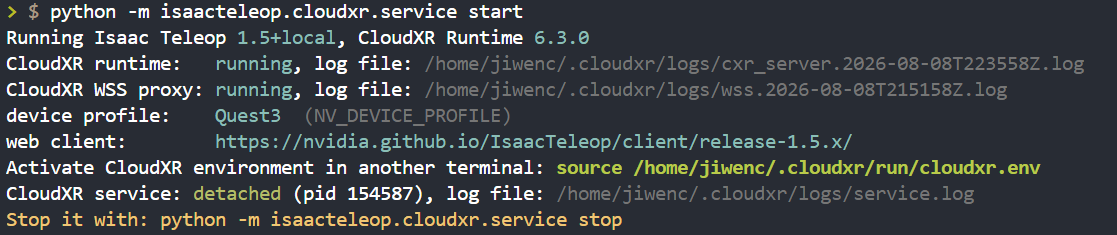 CloudXR service startup output
