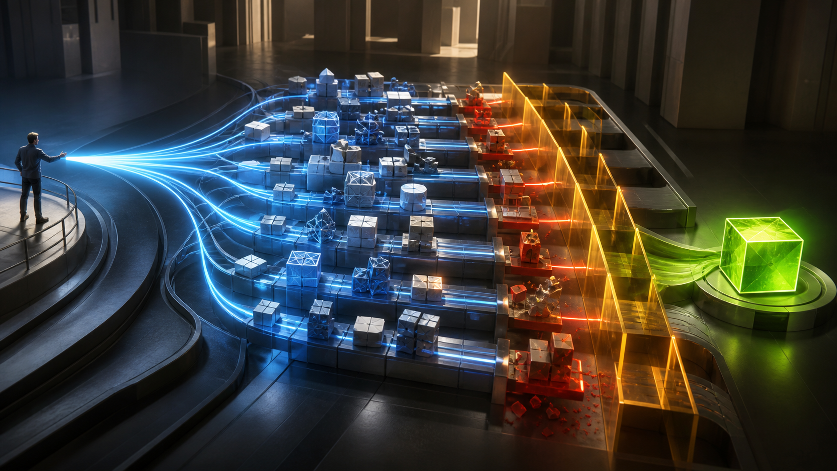 Editorial illustration of a human directing many blue candidate paths through red and amber validation gates toward one green trusted result