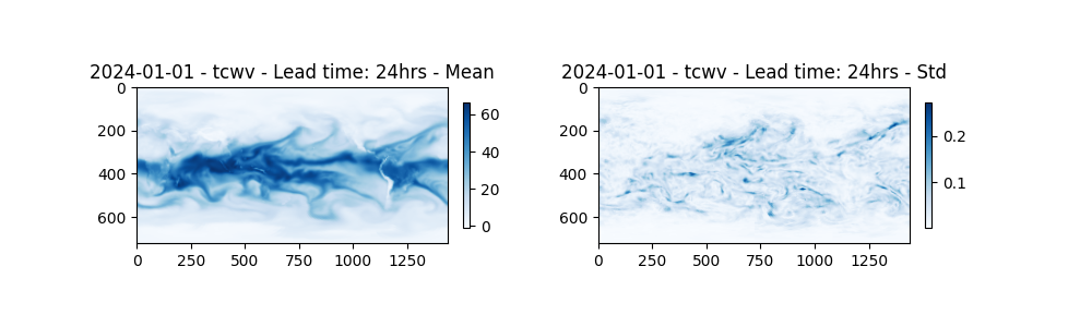 2024-01-01 - tcwv - Lead time: 24hrs - Mean, 2024-01-01 - tcwv - Lead time: 24hrs - Std