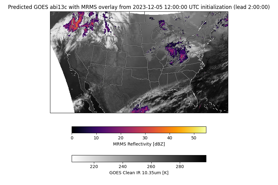 Predicted GOES abi13c with MRMS overlay from 2023-12-05 12:00:00 UTC initialization (lead 2:00:00)