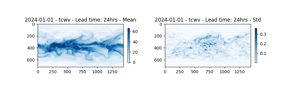 2024-01-01 - tcwv - Lead time: 24hrs - Mean, 2024-01-01 - tcwv - Lead time: 24hrs - Std