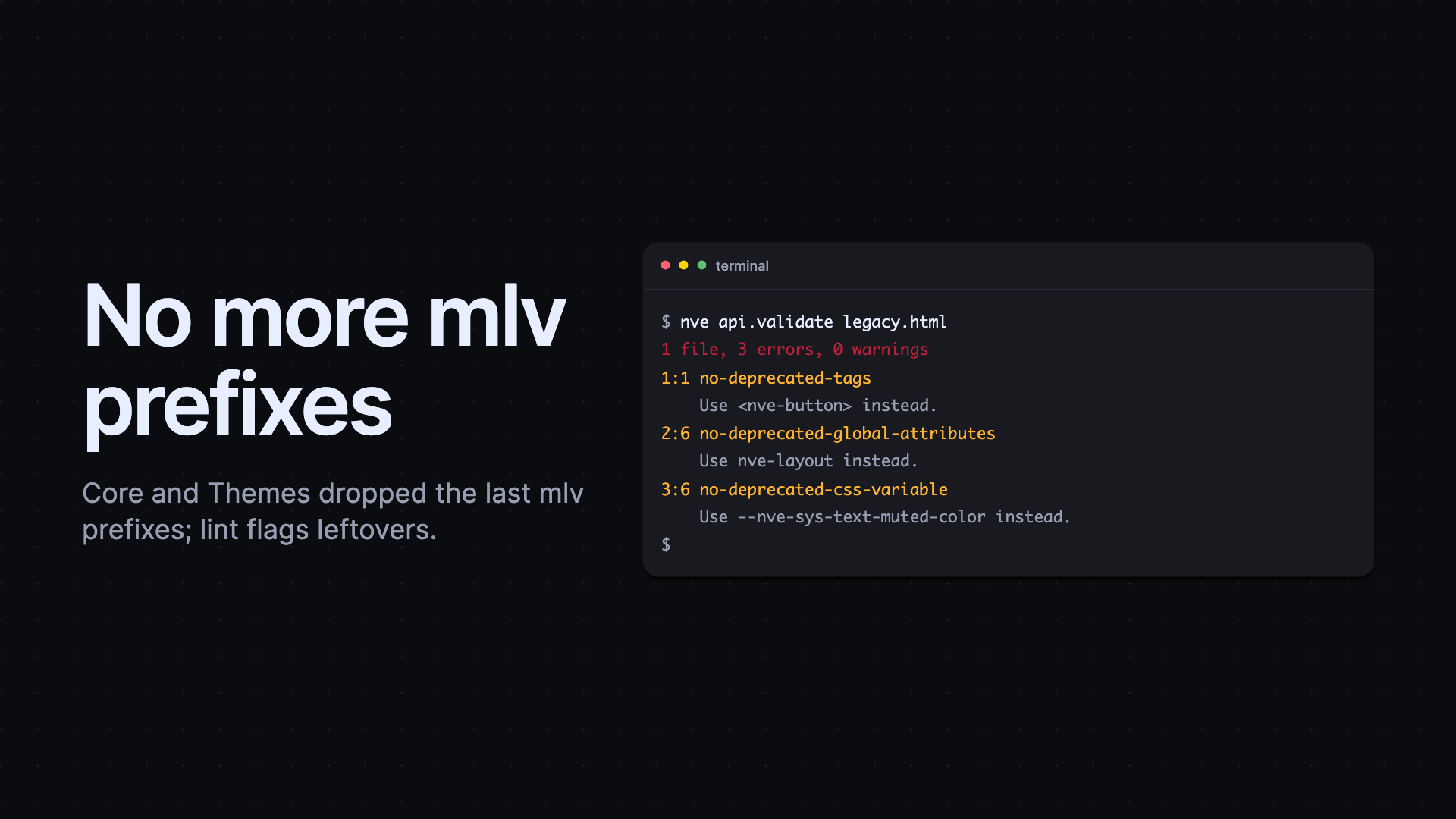 CLI validation identifying legacy tags, layout attributes, and CSS variables