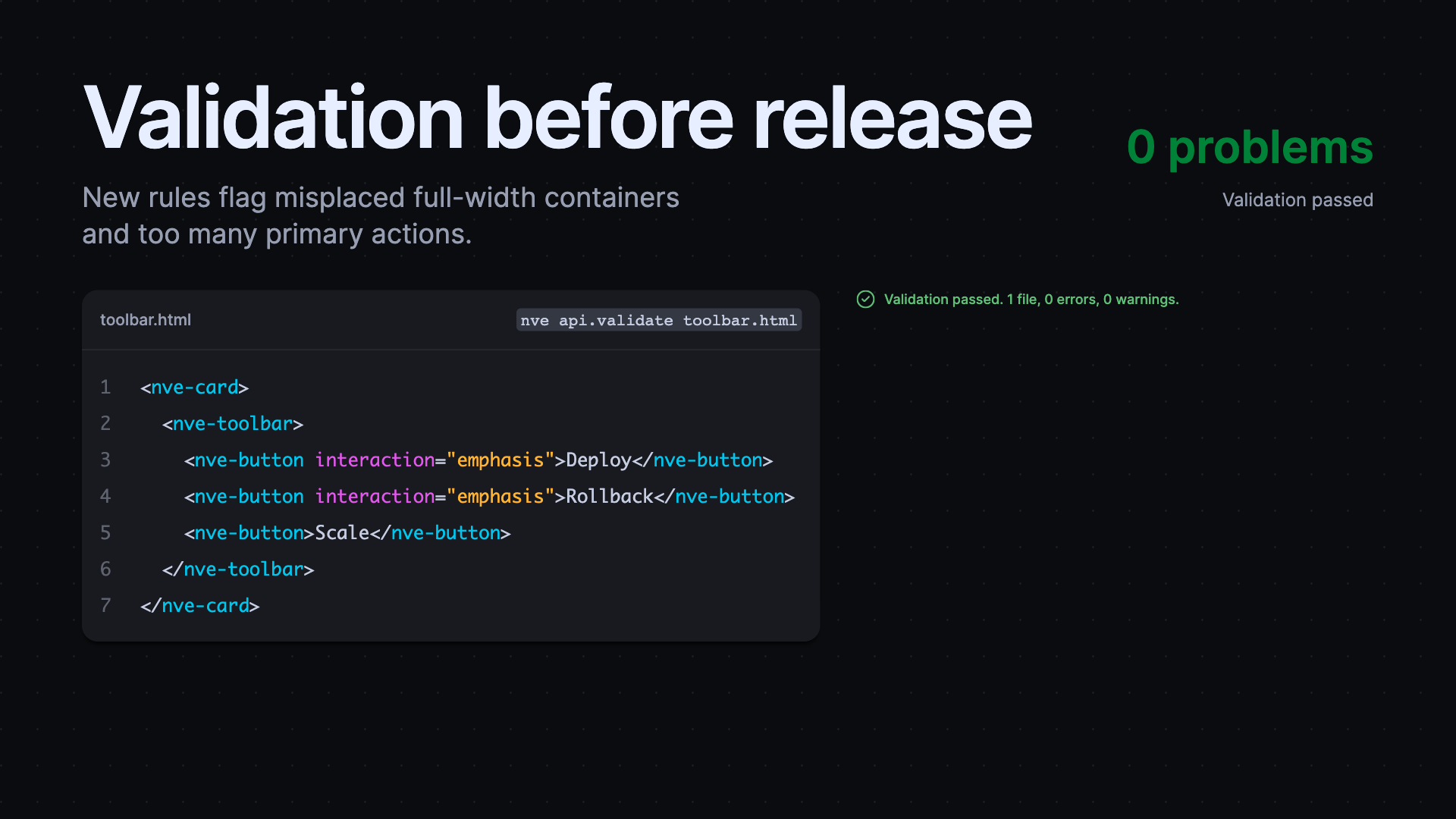 Corrected toolbar markup passing container and primary-action validation
