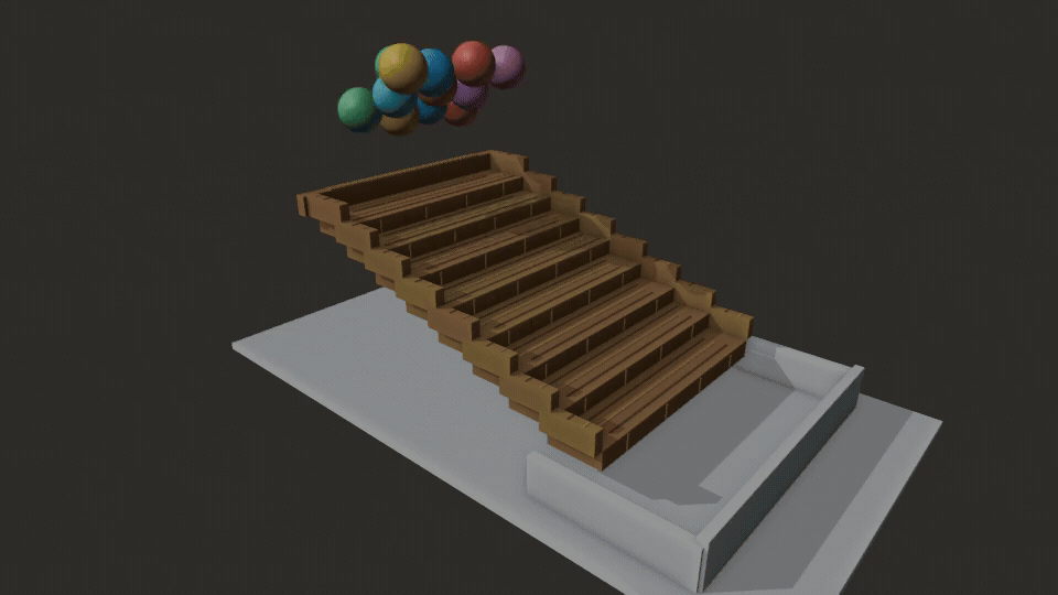 Native OVPhysX stair-drop replay with plastic spheres on wooden stairs