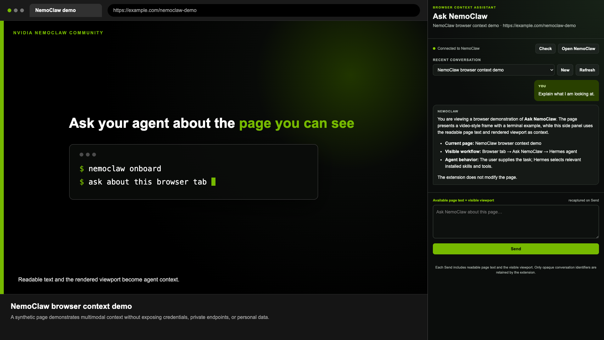Ask NemoClaw explains a synthetic browser page using readable text and the visible viewport