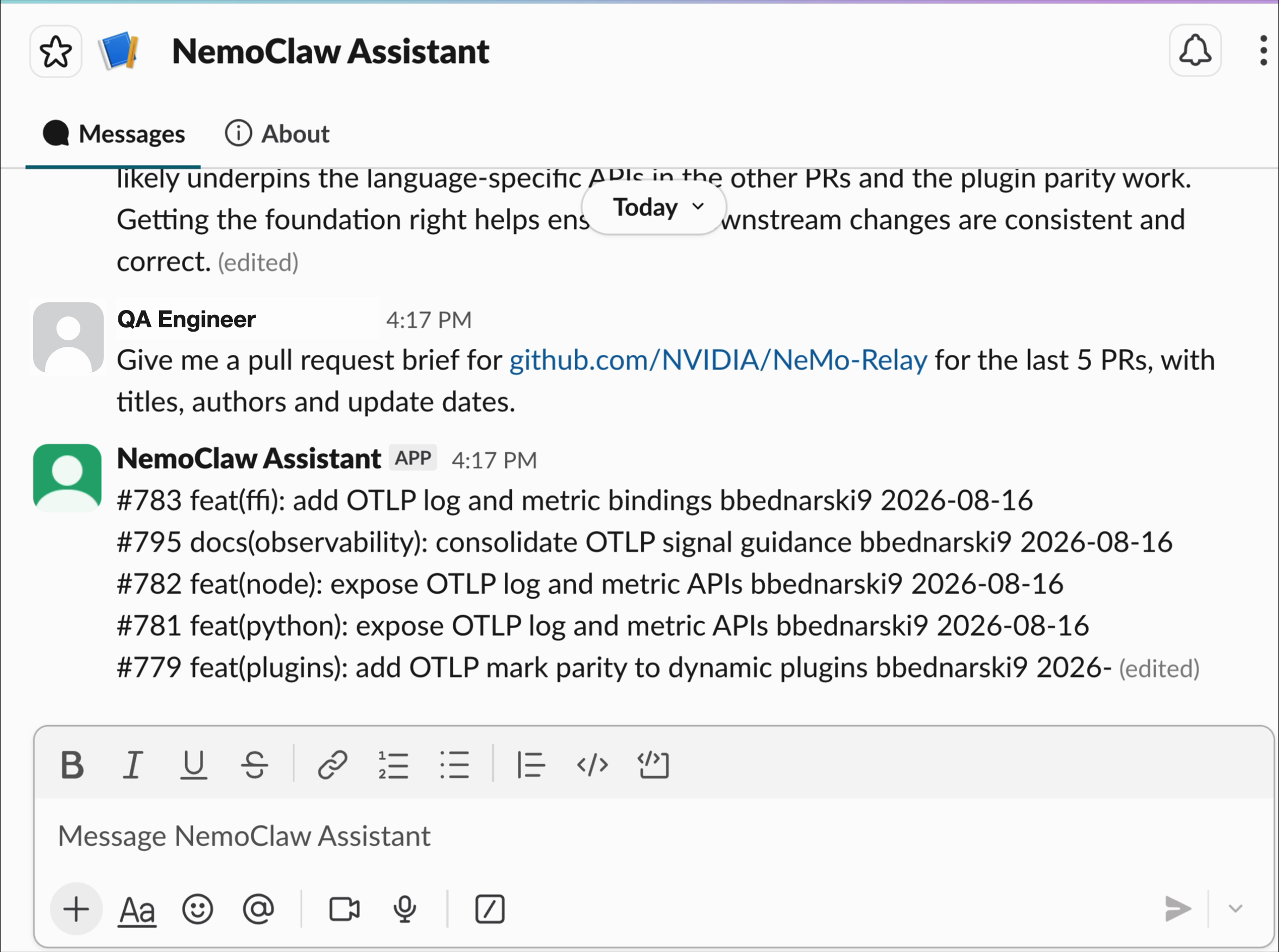 Slack direct message asking for a pull request brief, answered with five pull request numbers, titles, authors, and update dates