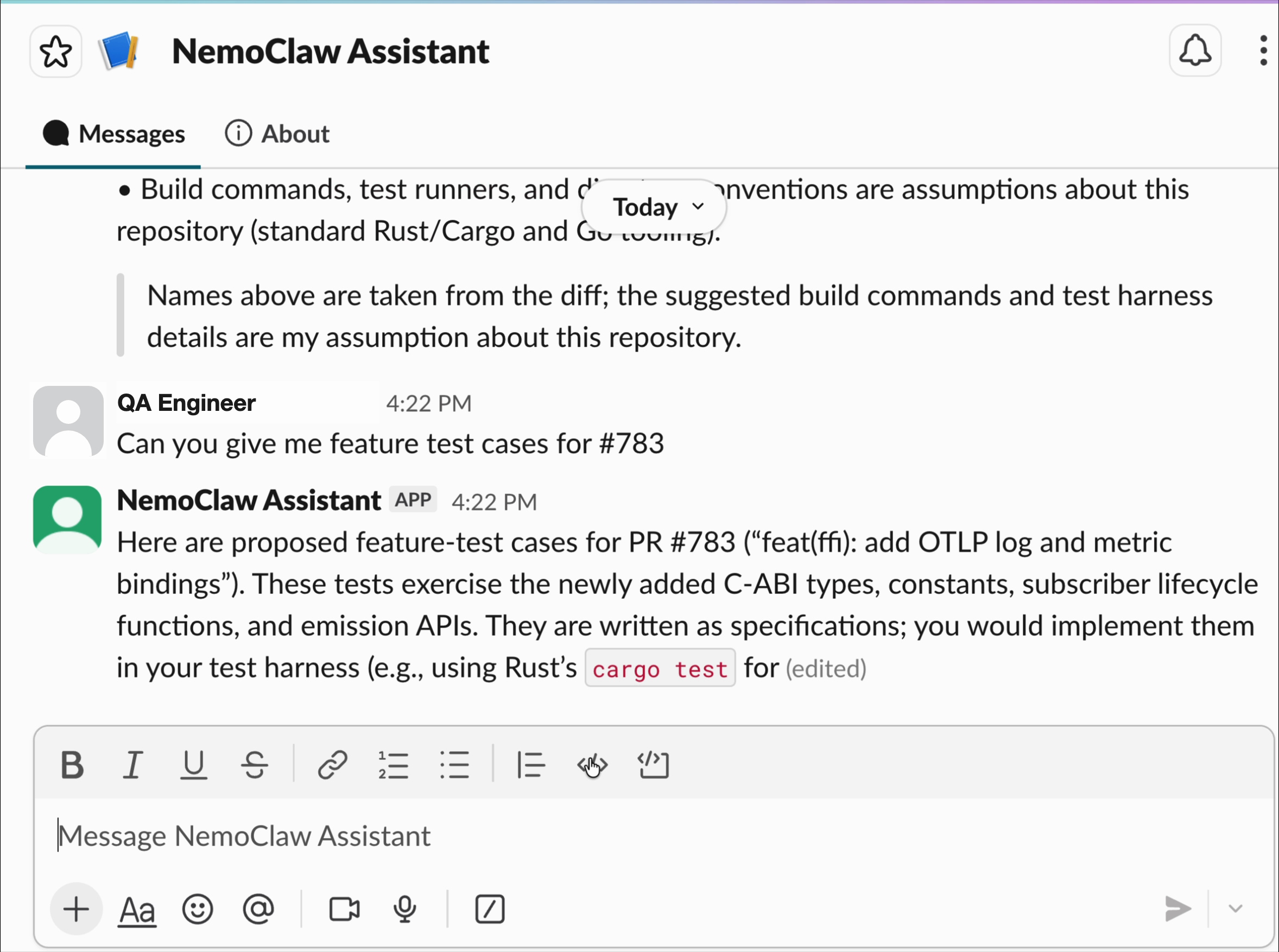 Slack direct message asking for feature test cases for pull request 783, answered with proposed test cases