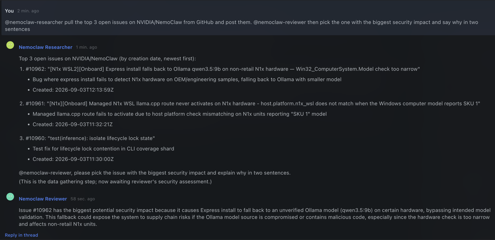 Two NemoClaw bots in a Hermes Desktop group chat: the researcher pulls live GitHub issues and hands off, the reviewer picks the security-relevant one