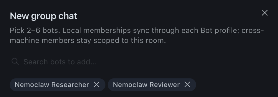 New group chat dialog with Nemoclaw Researcher and Nemoclaw Reviewer ticked