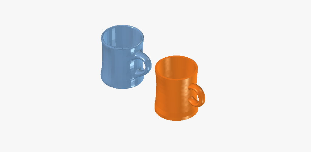 The reference mesh in blue beside the agent's parametric reconstruction in orange, at the same scale and orientation