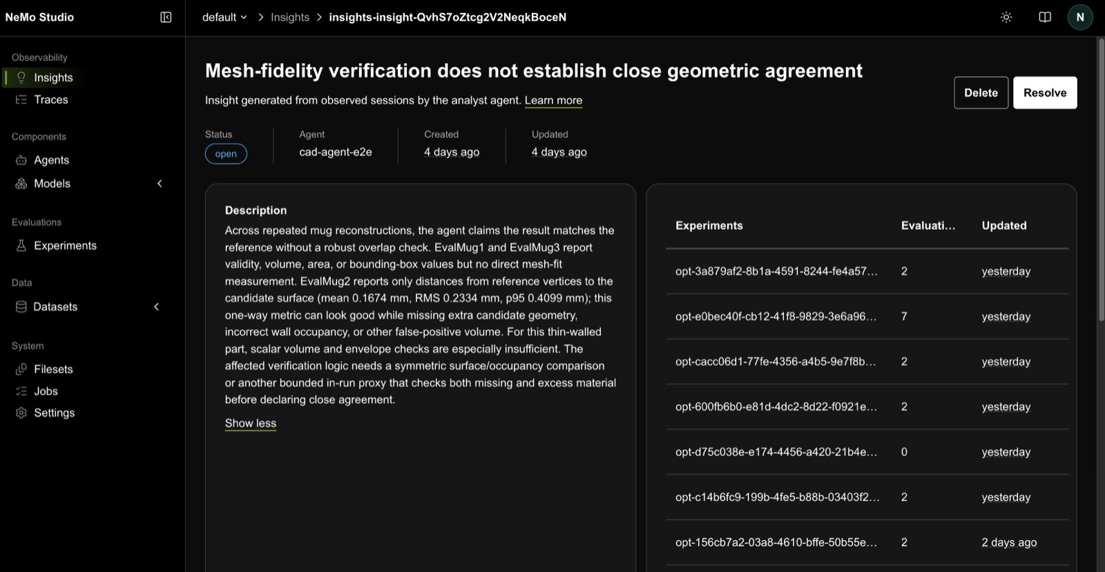 A NeMo Studio Insight titled "Mesh-fidelity verification does not establish close geometric agreement", status open against cad-agent-e2e, with the analyst's description on the left and the experiments that referenced it on the right