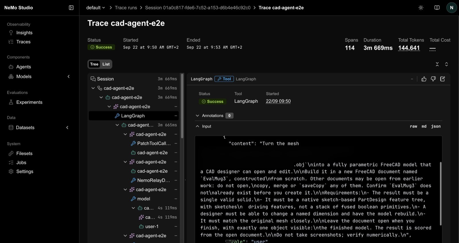A NeMo Studio trace view of one cad-agent-e2e session: the span tree on the left, the selected span's JSON payload on the right, and 114 spans, 3m 669ms and 144,641 tokens in the header