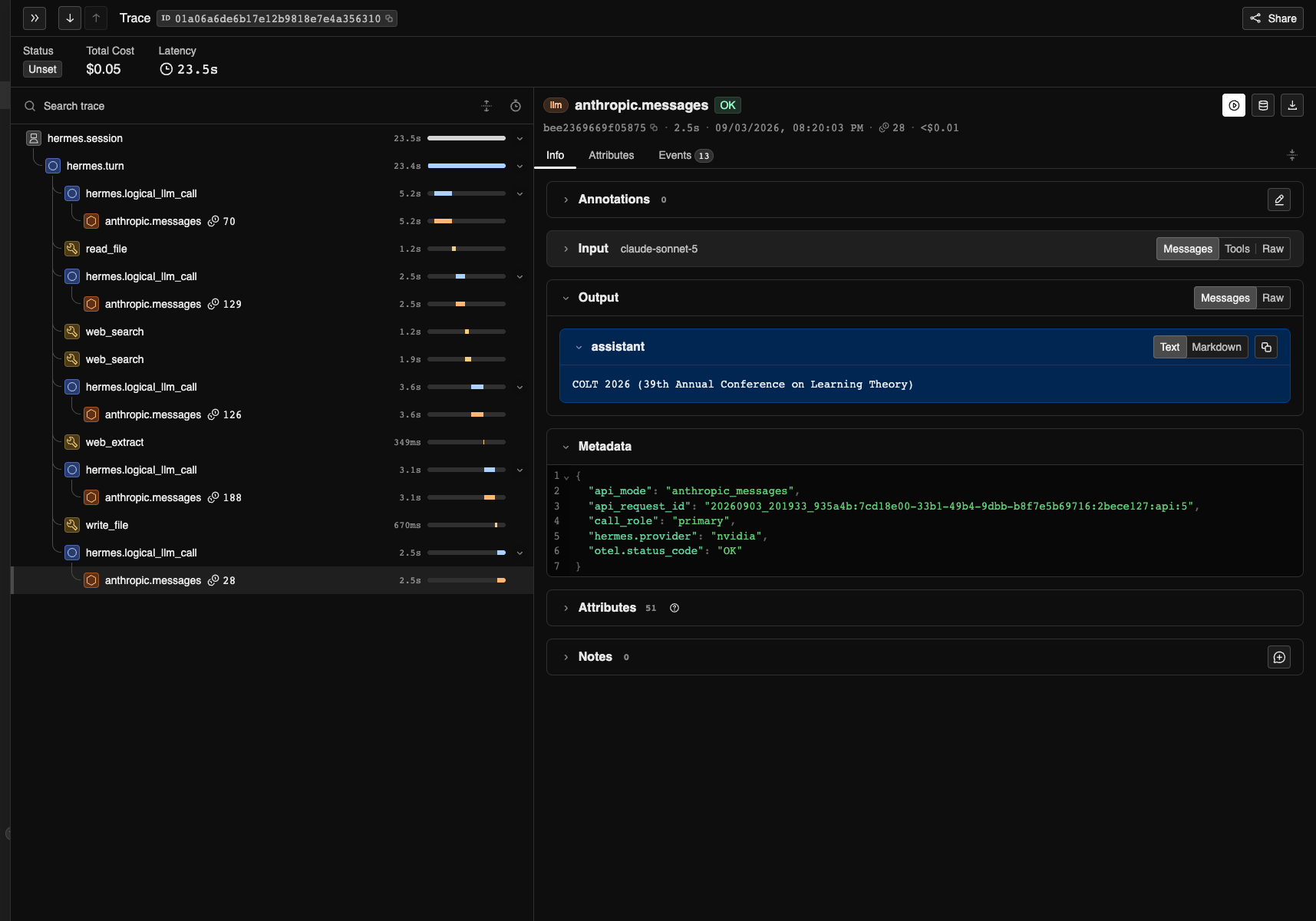 Phoenix final model span showing the response and model-call metrics