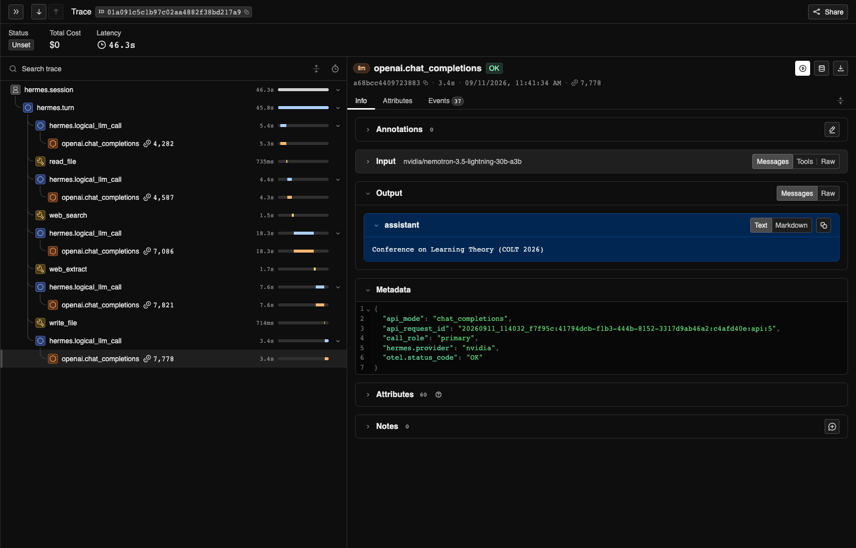 Phoenix final model span showing the verified response, duration, and token usage
