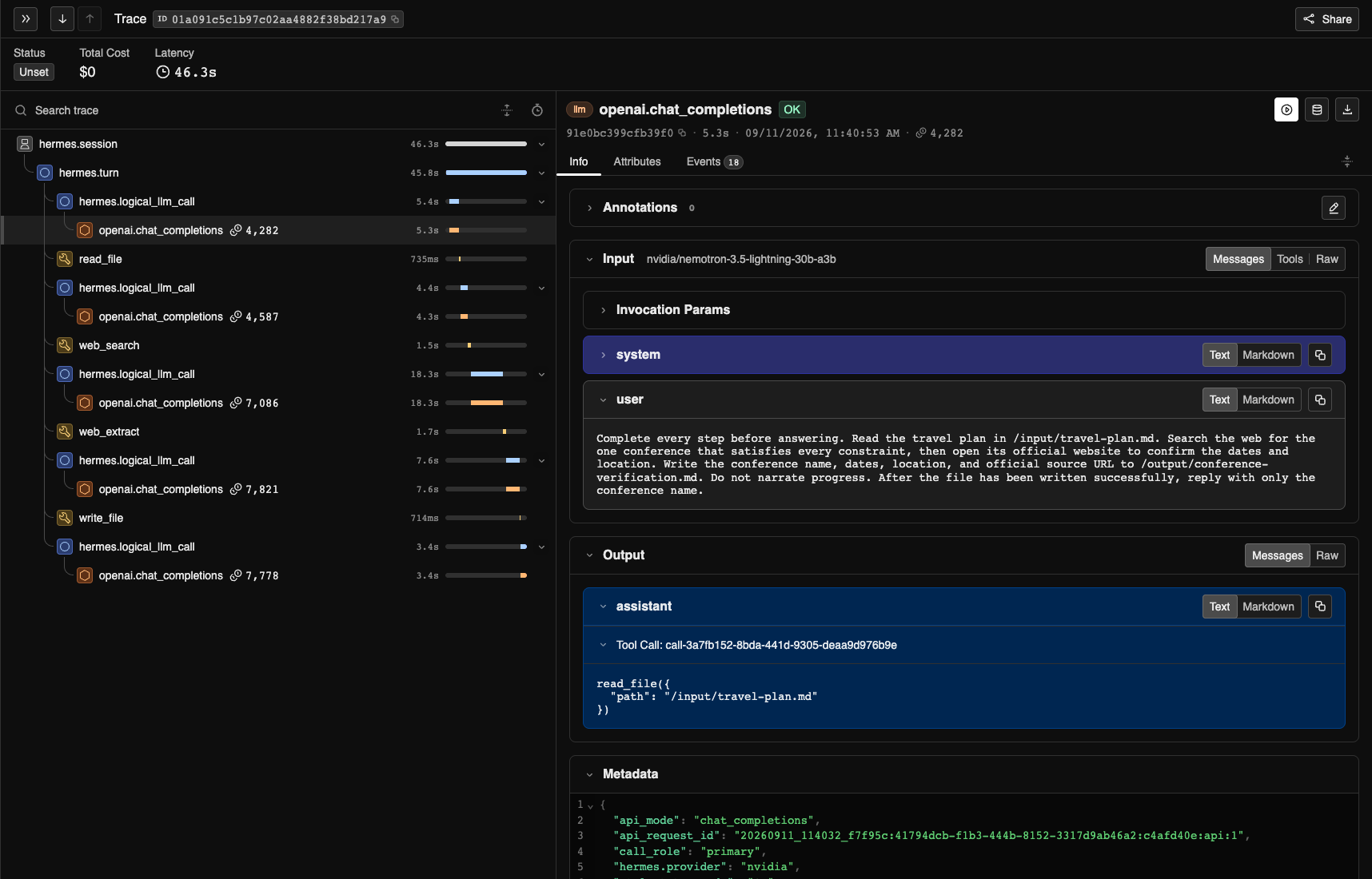 Phoenix trace showing the user's research request and the first read-file call