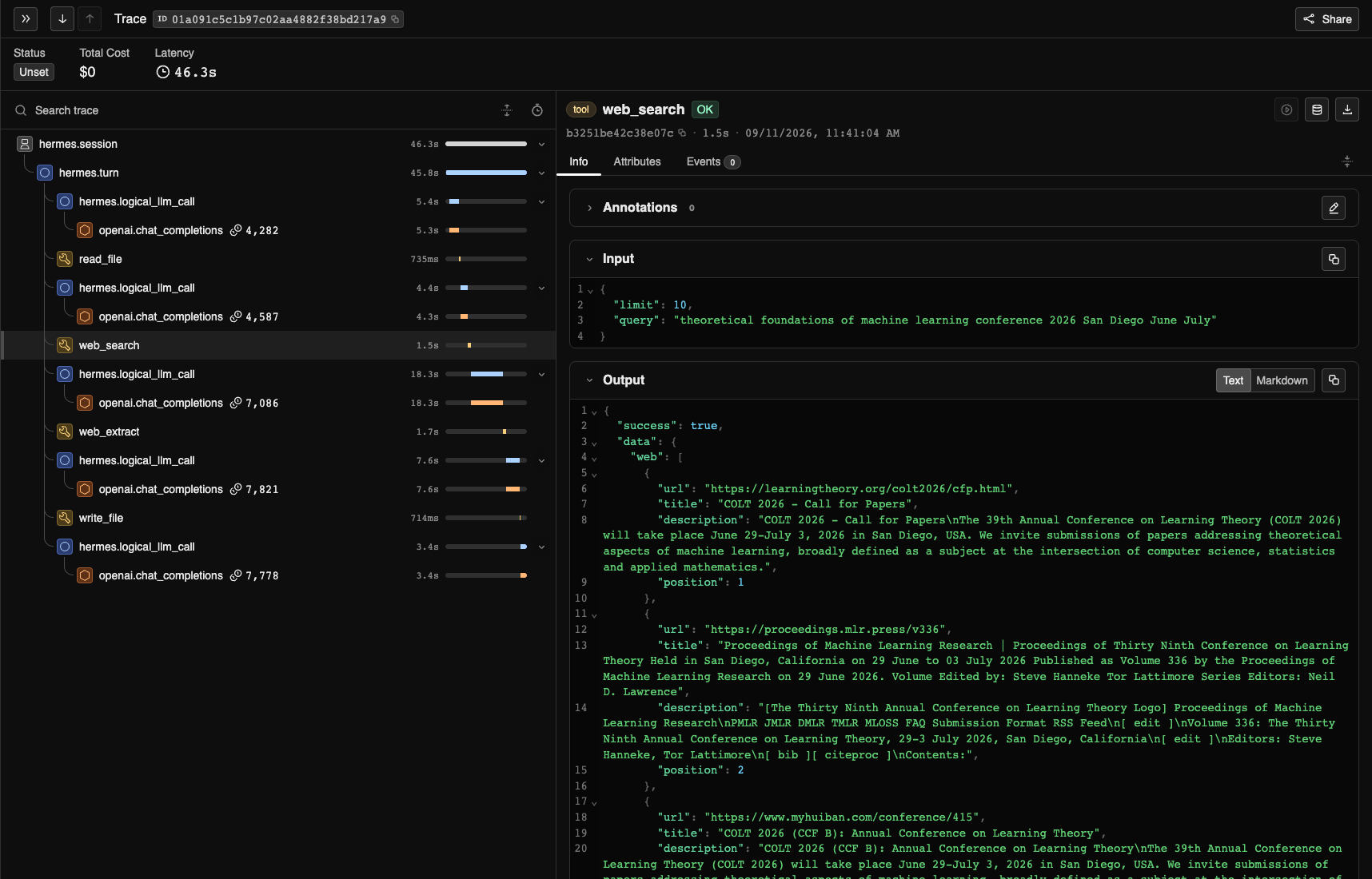Phoenix web-search span showing the query and returned sources