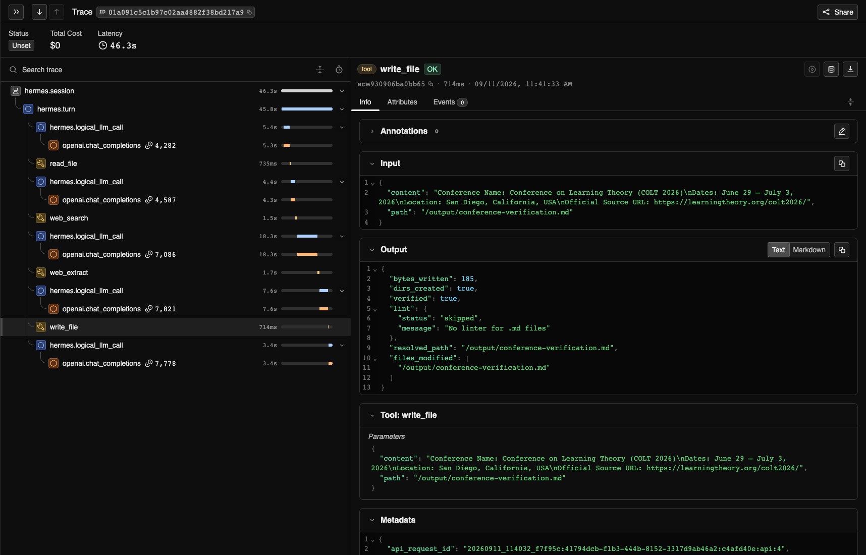 Phoenix write-file span showing the saved conference report and successful result