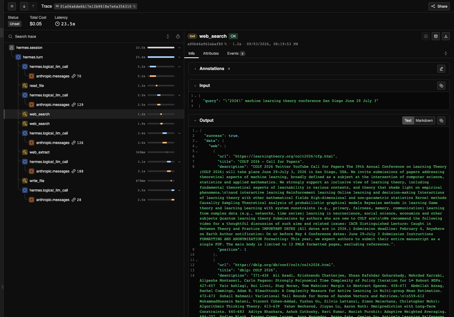 Phoenix web-search span showing the query and returned results
