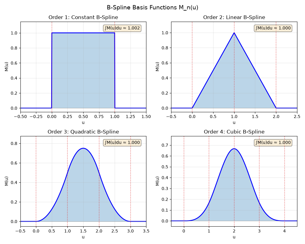 B-Spline Basis Functions M_n(u), Order 1: Constant B-Spline, Order 2: Linear B-Spline, Order 3: Quadratic B-Spline, Order 4: Cubic B-Spline
